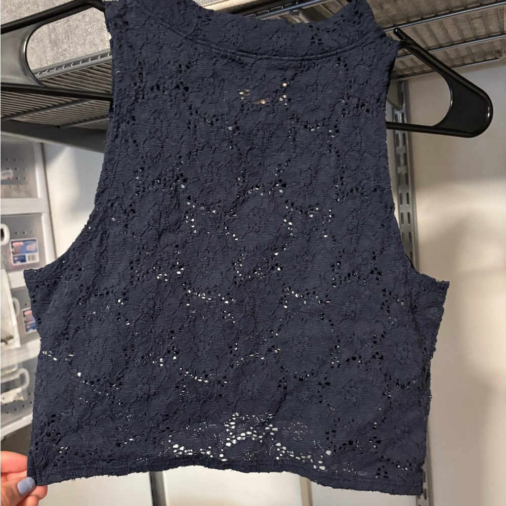 Hollister Blue and Gold Crop Tank Top with Cut-Out Design